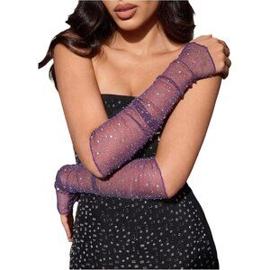 Women's Rhinestone Purple Fingerless Sparkly Mesh Sheer Arm Sleeves Gloves